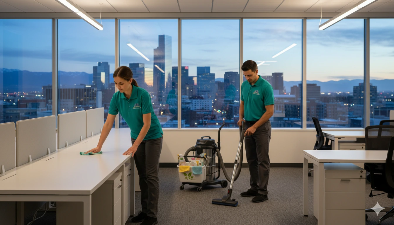 Professional commercial cleaning crew cleaning a modern Denver Colorado office space