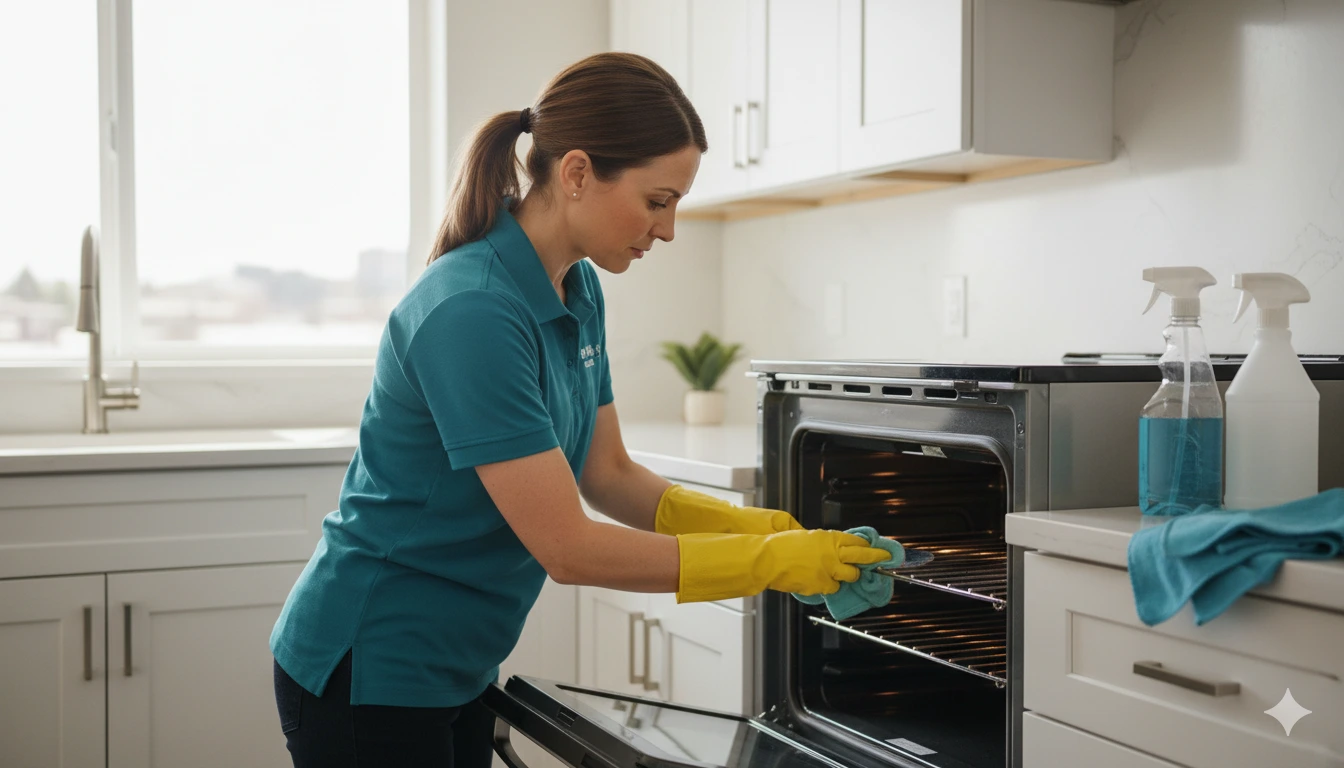 Professional deep cleaning service in a Denver Colorado kitchen — scrubbing oven and appliances
