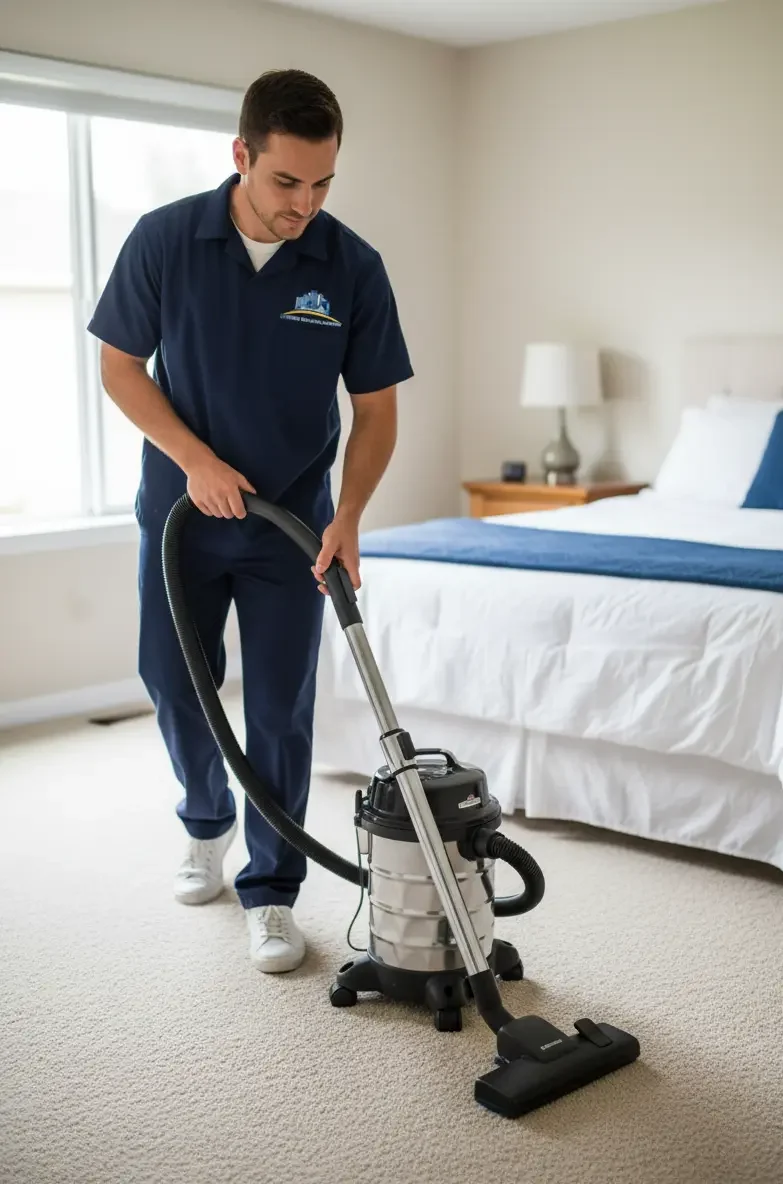 Extreme Cleaning Company team member vacuuming carpet in a Lakewood Colorado residential home