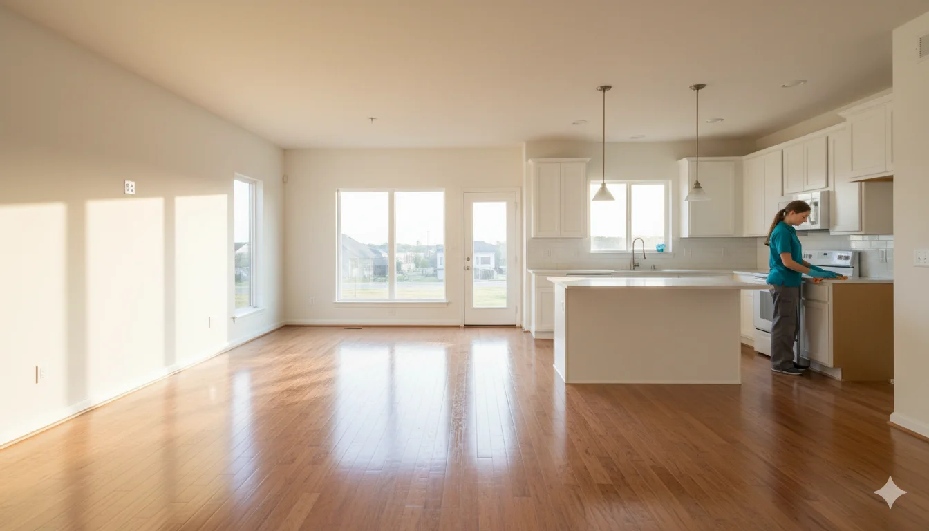 Professional move-out cleaning service in a vacant Denver Colorado home — kitchen and living area