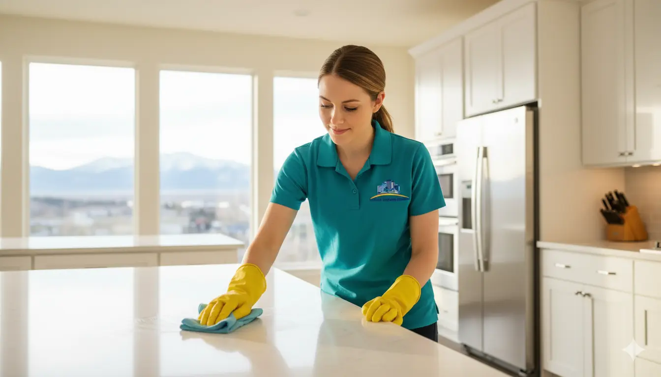 Professional house cleaner wiping kitchen countertops in a bright Denver Colorado home