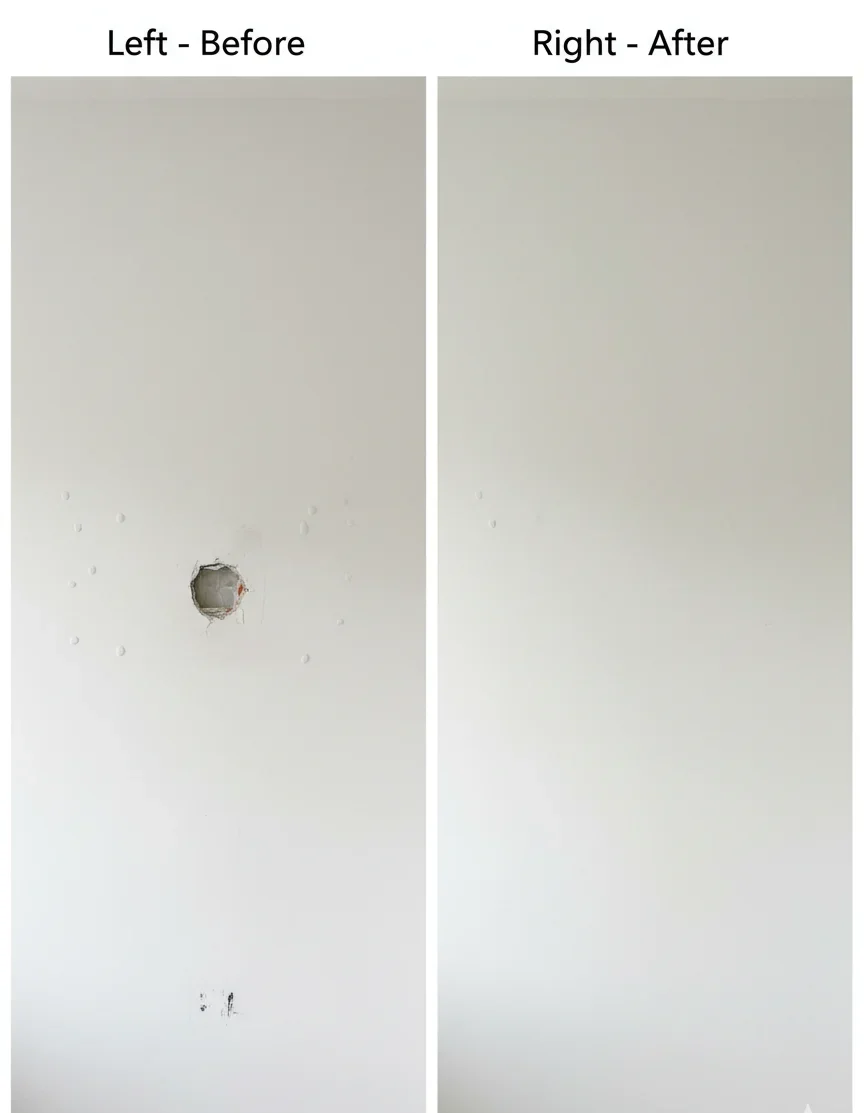 Before and after drywall repair and paint touch-up in a Denver metro area home