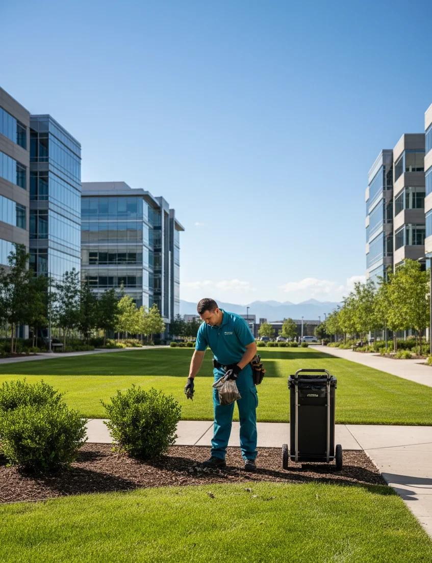 Professional groundskeeper maintaining commercial property grounds in Denver metro Colorado
